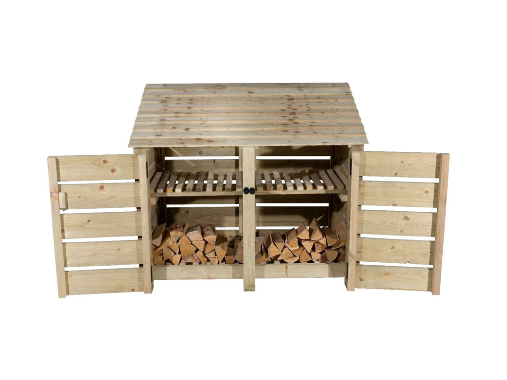 Slatted Wooden Log Store with Door and Shelf W-146cm, H-126cm or 180cm, D-88cm