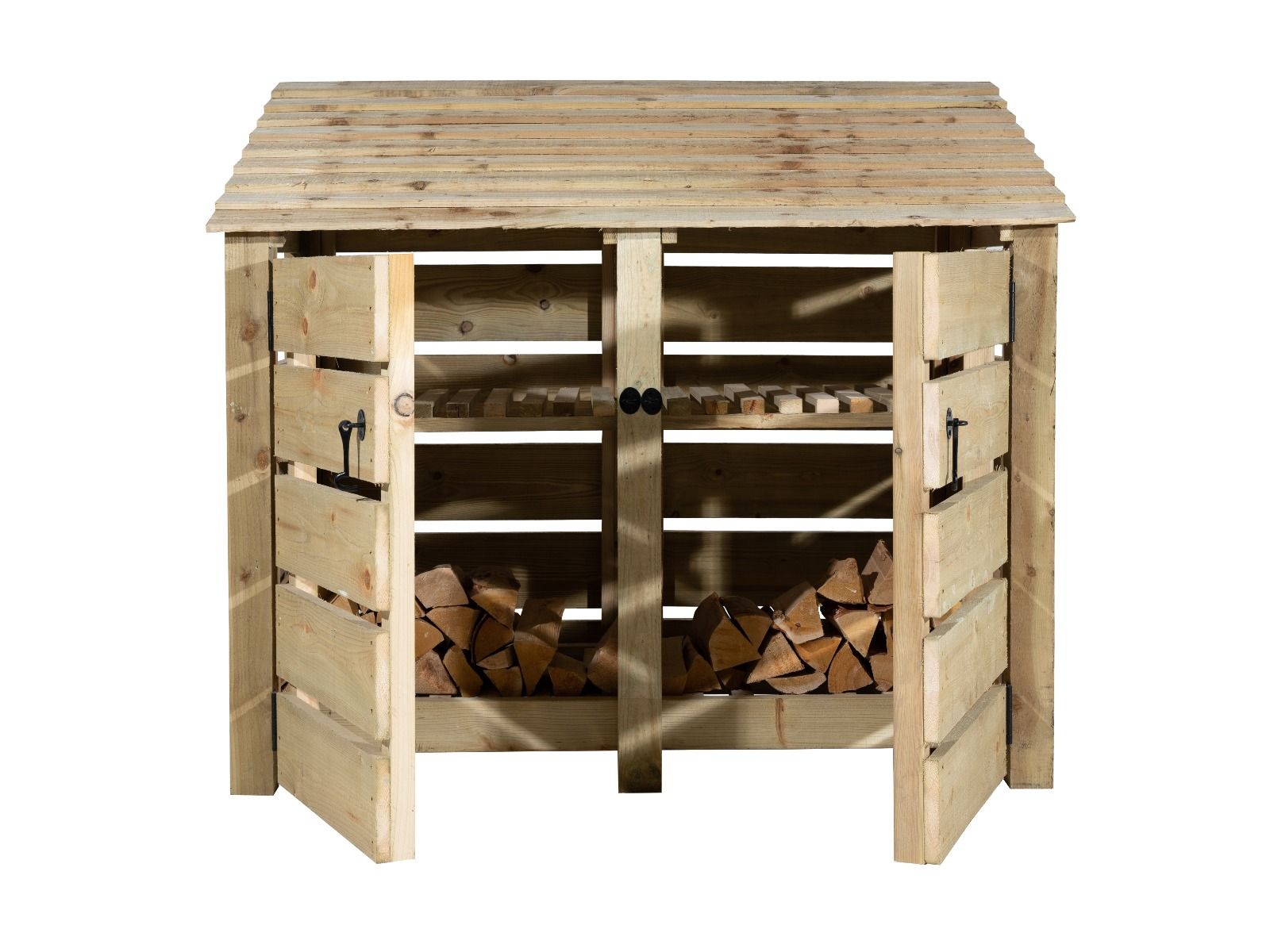 Slatted Wooden Log Store with Door and Shelf W-146cm, H-126cm or 180cm, D-88cm