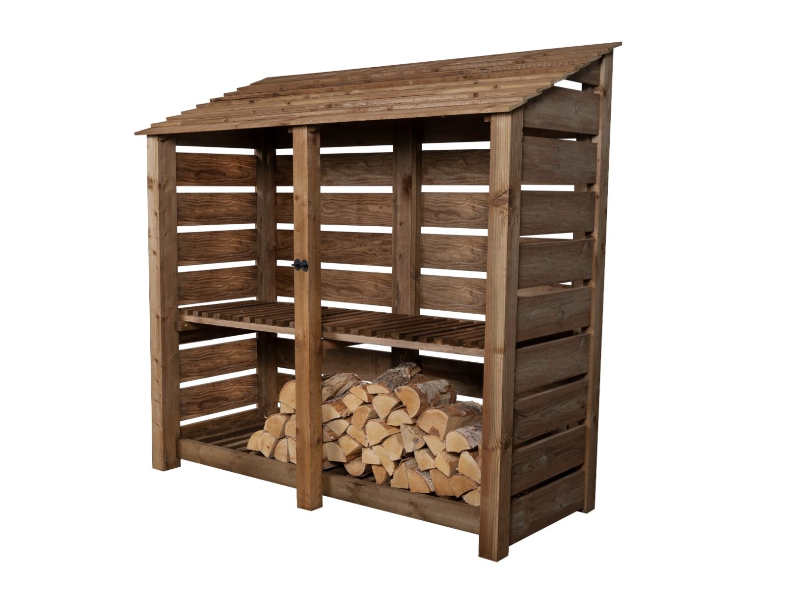 Slatted Wooden Log Store with Shelf W-187cm, H-126cm or 180cm, D-88cm - Brown Finish