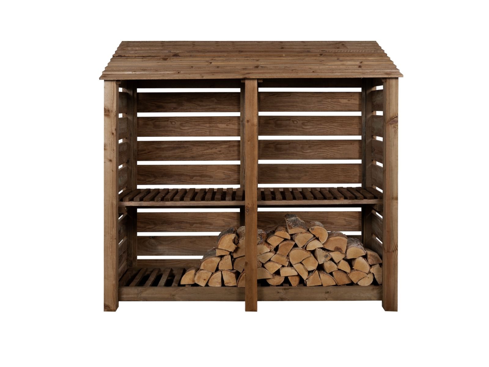 Slatted Wooden Log Store with Shelf W-187cm, H-126cm or 180cm, D-88cm - Brown Finish