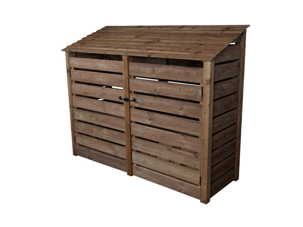 Slatted Wooden Log Store with Doors and Shelf W-227cm, H-126cm or 180cm, D-88cm - Brown Finish