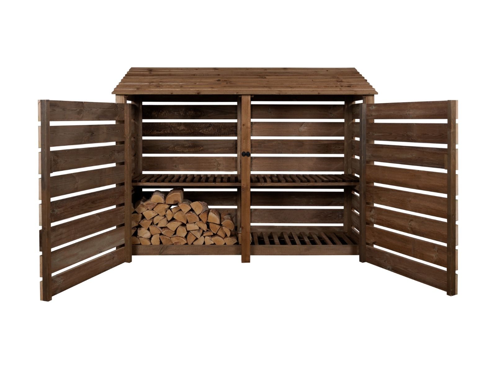 Slatted Wooden Log Store with Doors and Shelf W-227cm, H-126cm or 180cm, D-88cm - Brown Finish