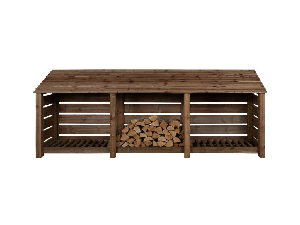 Slatted Wooden Log Store W-335cm, H-126cm or 180cm, D-88cm - Brown Finish