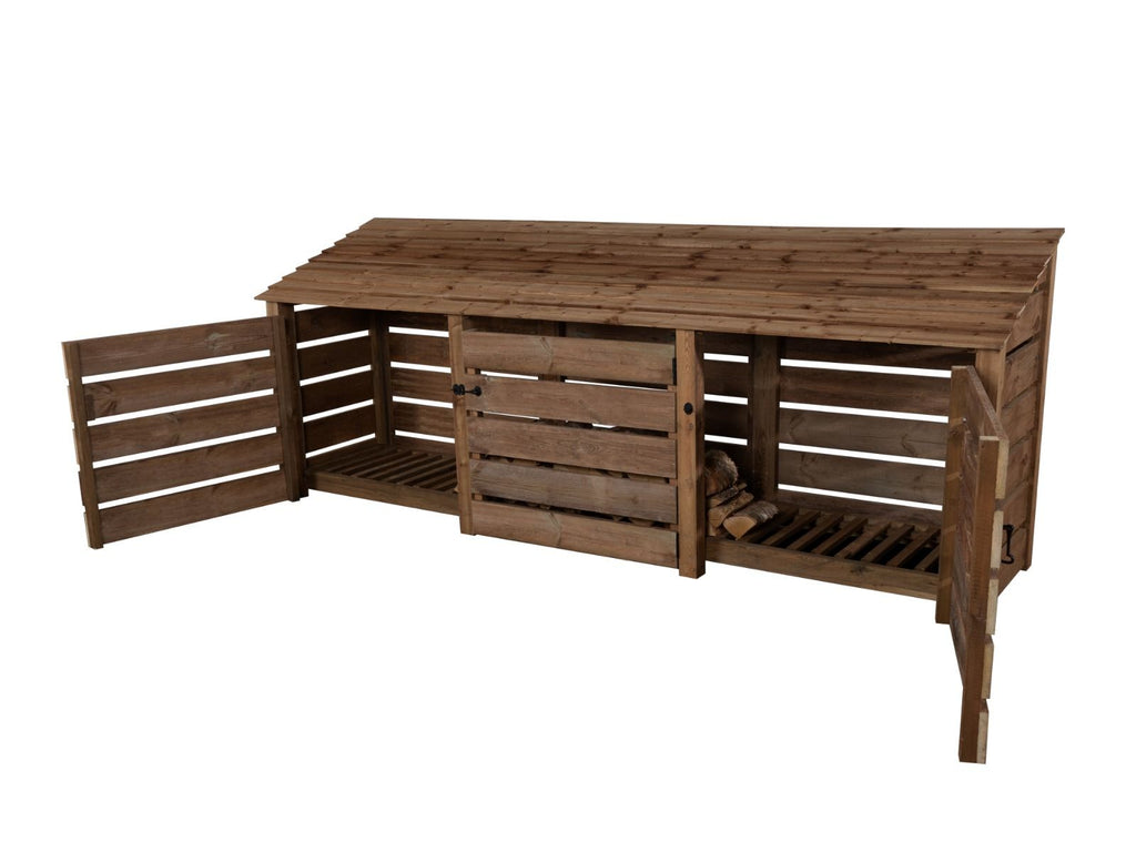 Slatted Wooden Log Store with Doors W-335cm, H-126cm or 180cm, D-88cm - Brown Finish