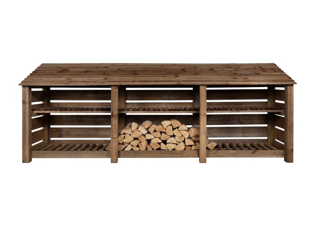 Slatted Wooden Log Store with Shelf W-335cm, H-126cm or 180cm, D-88cm - Brown Finish
