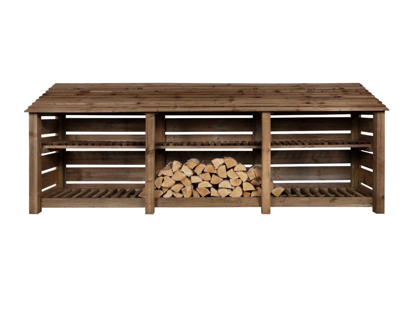 Slatted Wooden Log Store with Shelf W-335cm, H-126cm or 180cm, D-88cm - Brown Finish