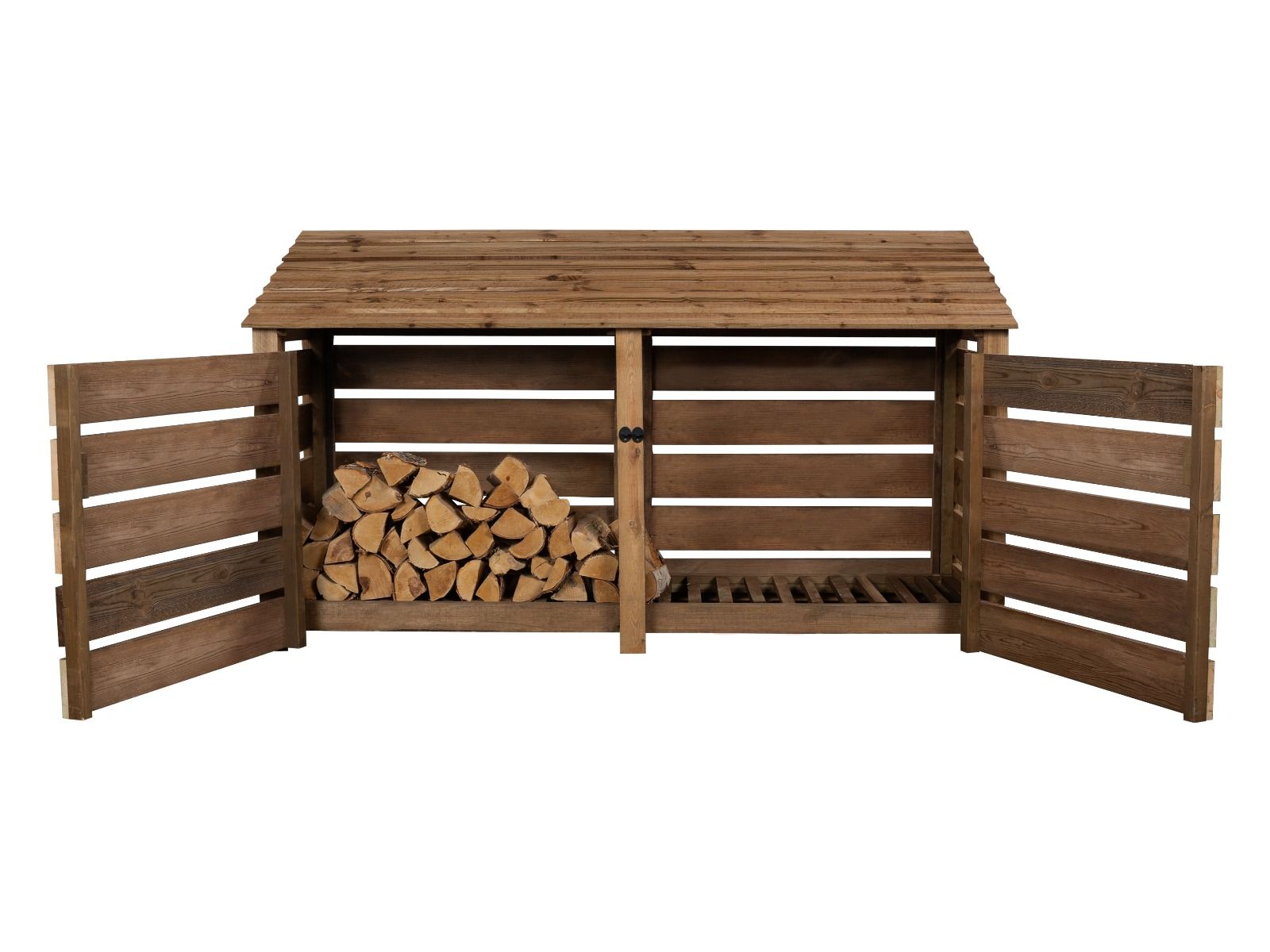 Slatted Wooden Log Store with Doors and Shelf W-227cm, H-126cm or 180cm, D-88cm - Brown Finish