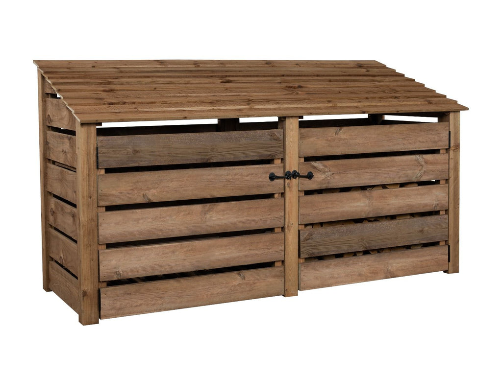 Slatted Wooden Log Store with Doors W-227cm, H-126cm or 180cm, D-88cm - Brown Finish