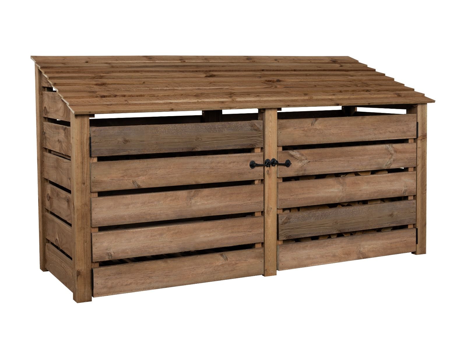 Slatted Wooden Log Store with Doors W-227cm, H-126cm or 180cm, D-88cm - Brown Finish