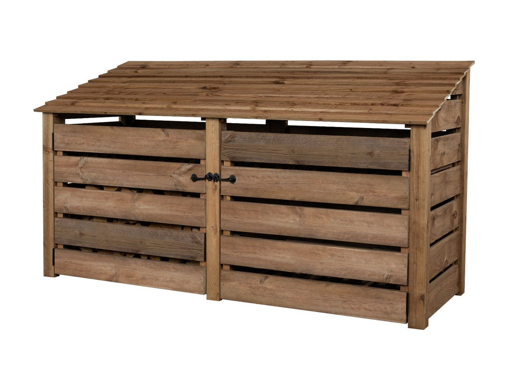 Slatted Wooden Log Store with Doors and Shelf W-227cm, H-126cm or 180cm, D-88cm - Brown Finish