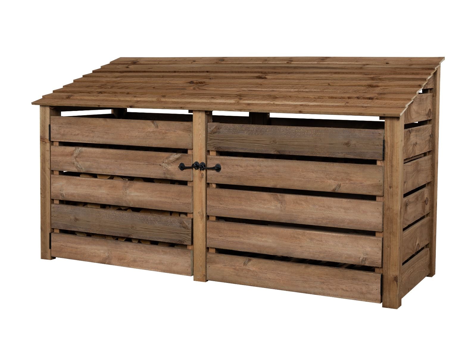 Slatted Wooden Log Store with Doors W-227cm, H-126cm or 180cm, D-88cm - Brown Finish