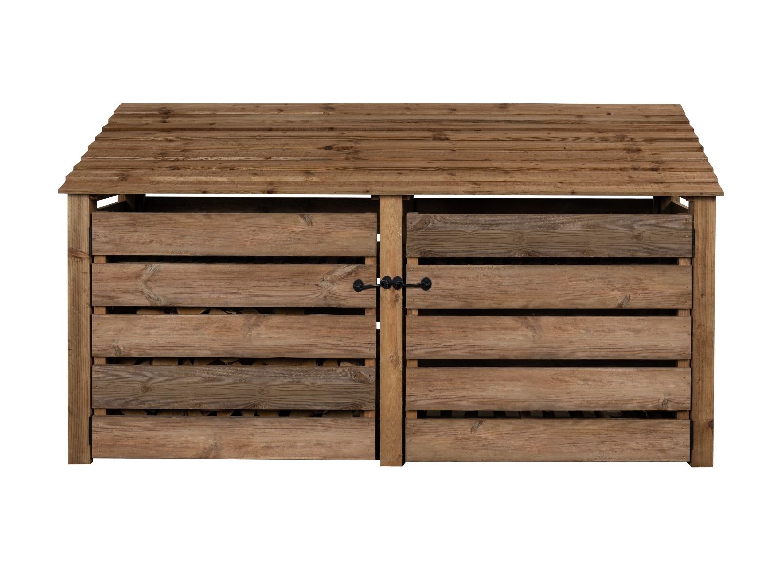 Slatted Wooden Log Store with Doors and Shelf W-227cm, H-126cm or 180cm, D-88cm - Brown Finish