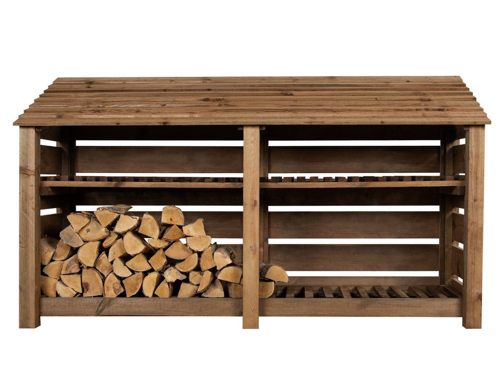 Slatted Wooden Log Store with Shelf W-227cm, H-126cm or 180cm, D-88cm - Brown Finish