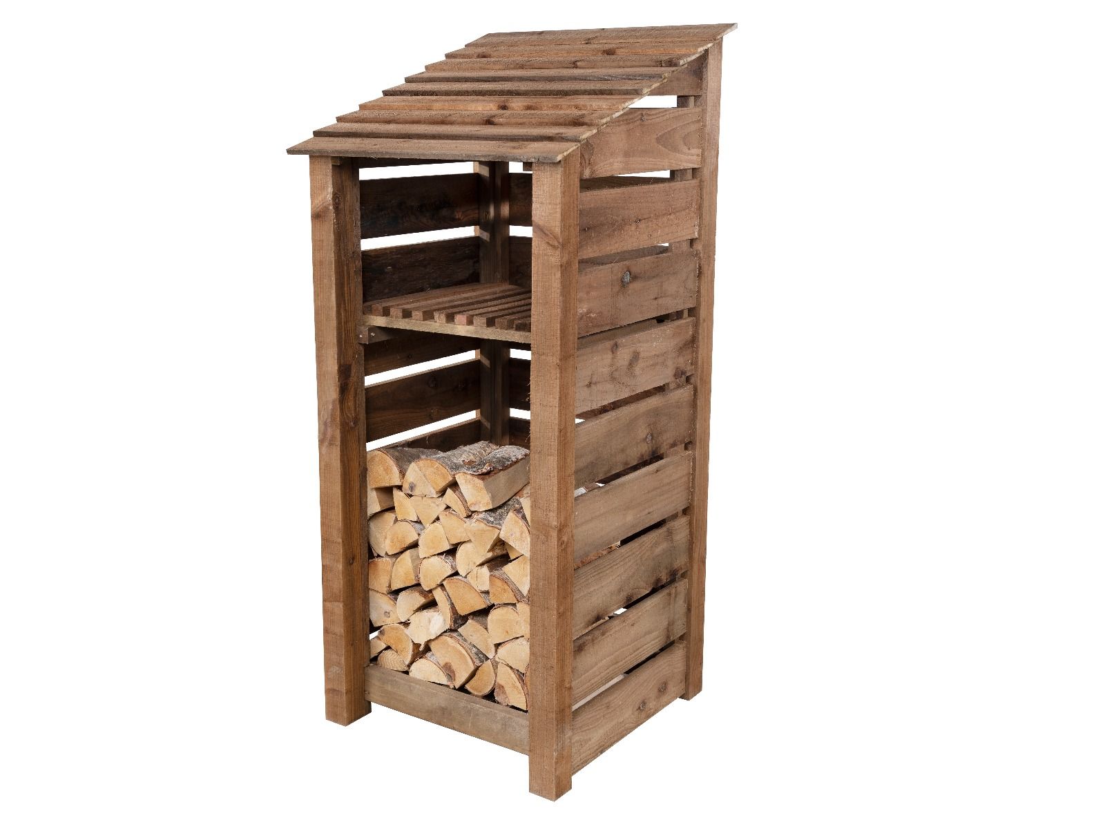 Slatted Wooden Log Store With Shelf W-79cm, H-126cm or 180cm, D-88cm - Brown Finish