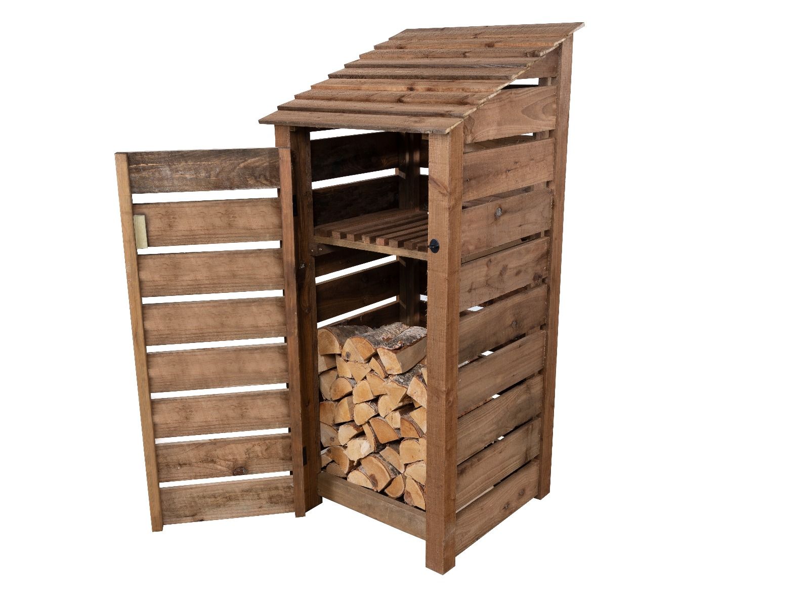 Slatted Wooden Log Store With Door and Shelf W-79cm, H-126cm or 180cm, D-88cm - Brown Finish