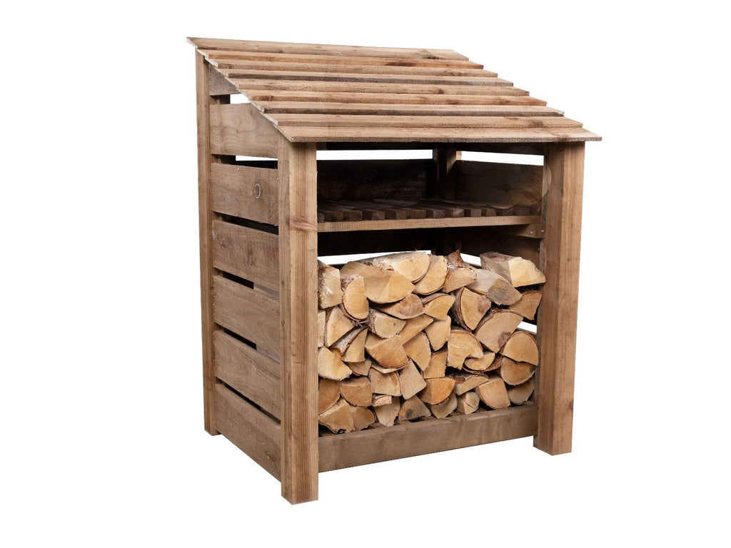 Slatted Wooden Log Store with Shelf W-99cm, H-126cm or 180cm, D-88cm - Brown Finish