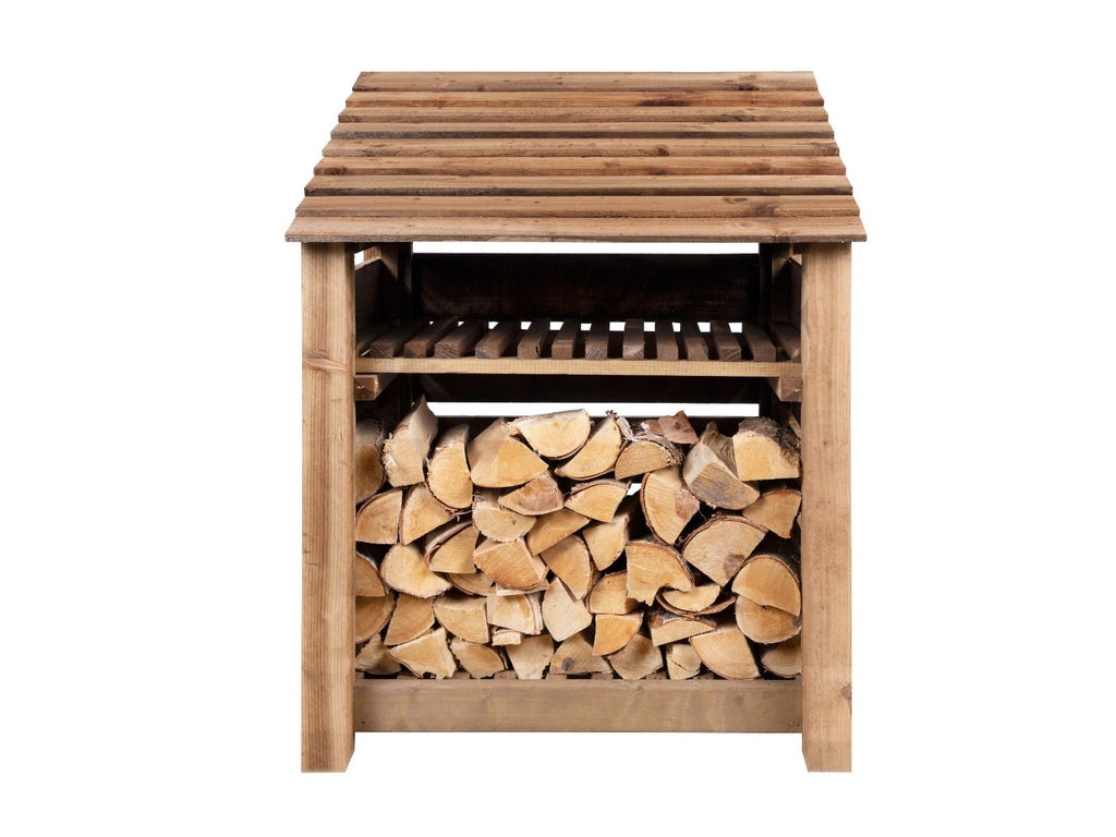 Slatted Wooden Log Store with Shelf W-99cm, H-126cm or 180cm, D-88cm - Brown Finish