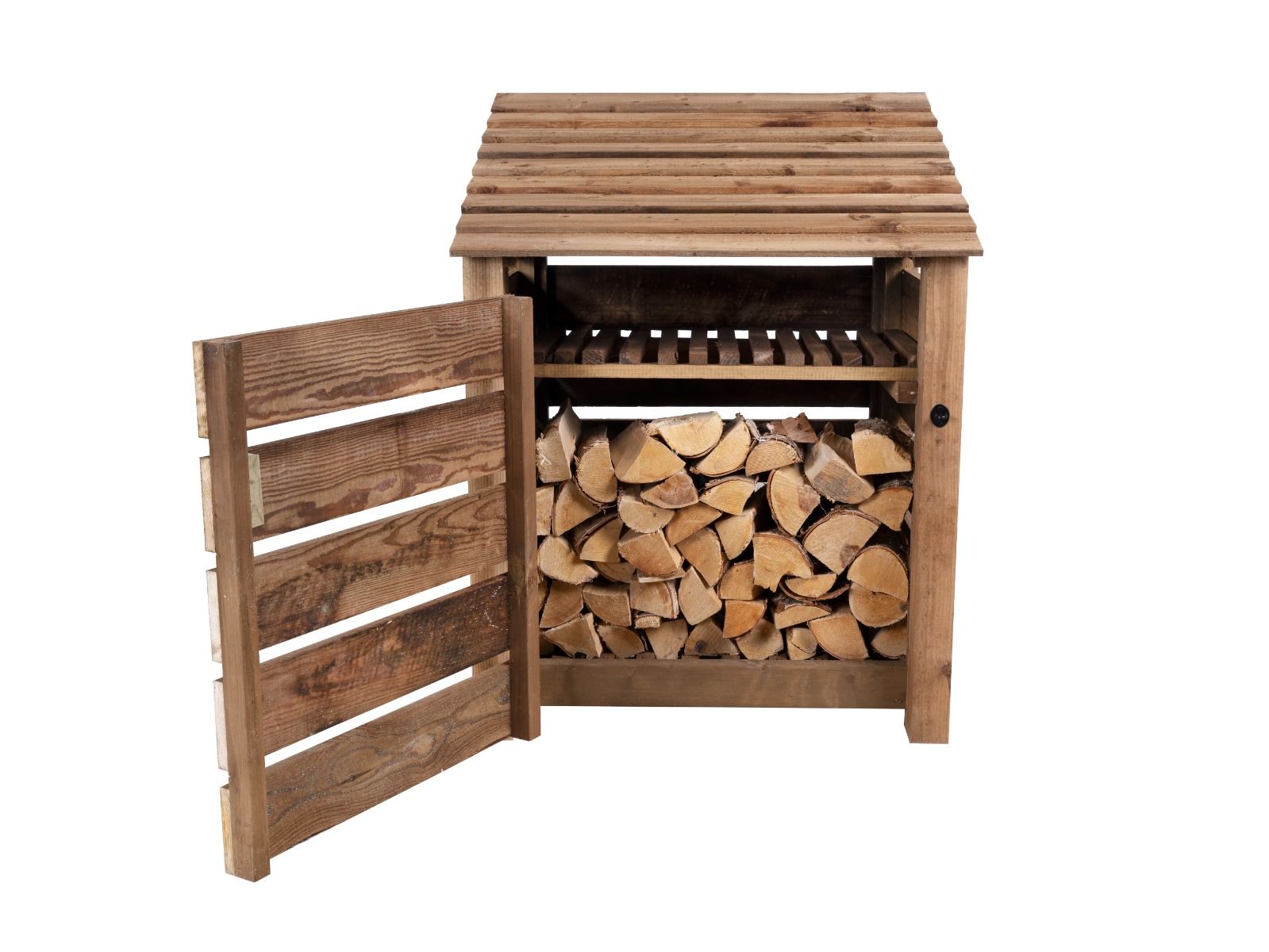 Slatted Wooden Log Store with Door and Shelf W-99cm, H-126cm or 180cm, D-88cm - Brown Finish