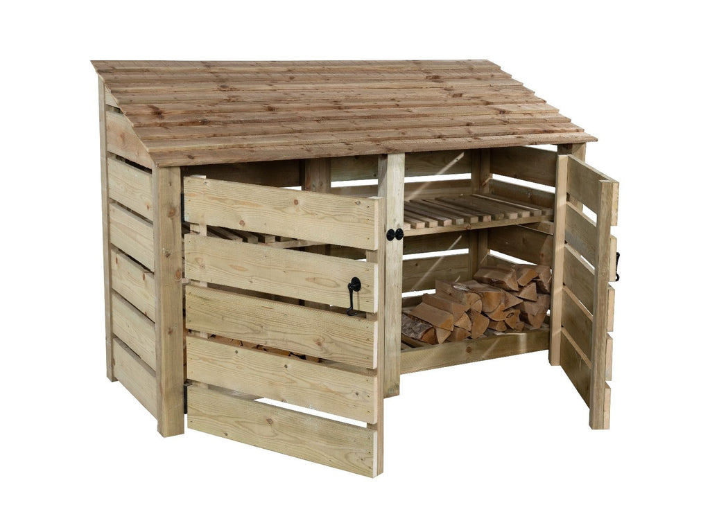 Slatted Wooden Log Store with Doors And Shelf W-187cm, H-126cm or 180cm, D-88cm