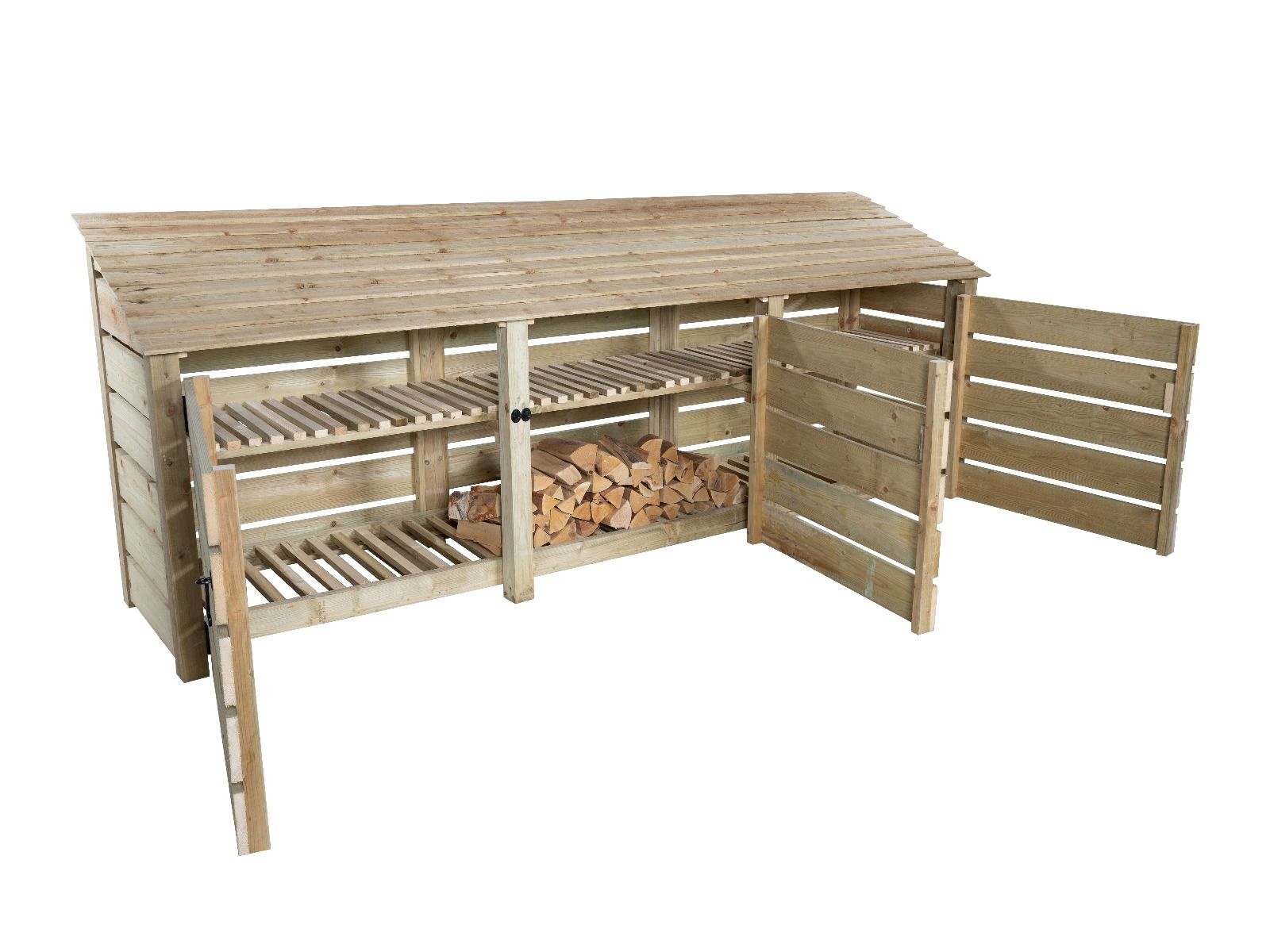 Slatted Wooden Log Store with Doors and Shelf W-335cm, H-126cm or 180cm, D-88cm