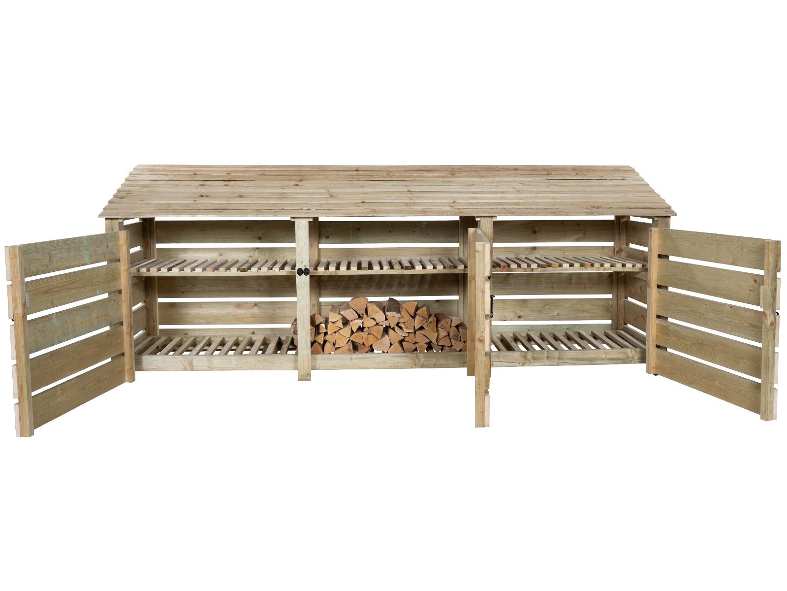 Slatted Wooden Log Store with Doors and Shelf W-335cm, H-126cm or 180cm, D-88cm