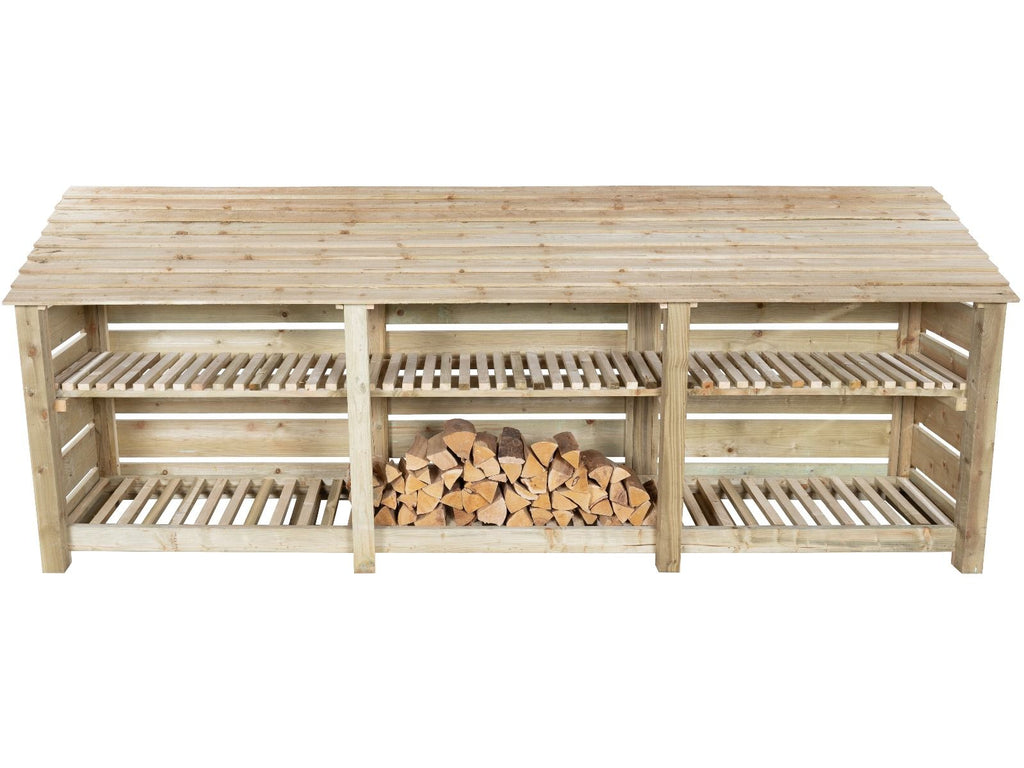 Slatted Wooden Log Store with Shelf W-335cm, H-126cm or 180cm, D-88cm