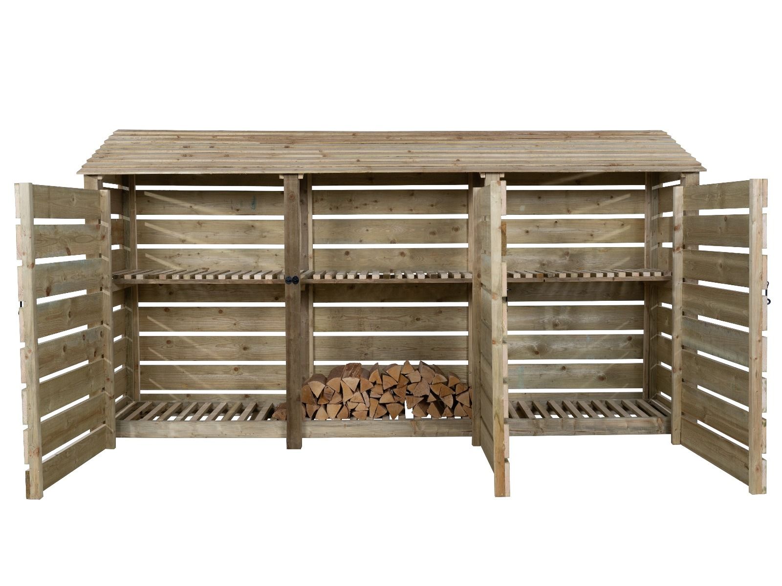 Slatted Wooden Log Store with Doors and Shelf W-335cm, H-126cm or 180cm, D-88cm