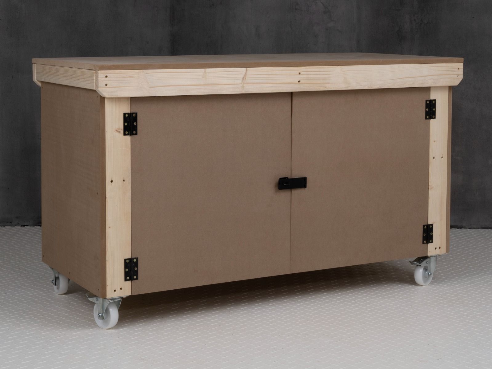 Wooden MDF Top Workbench With Lockable Cupboard (V.9) double shelf and wheels