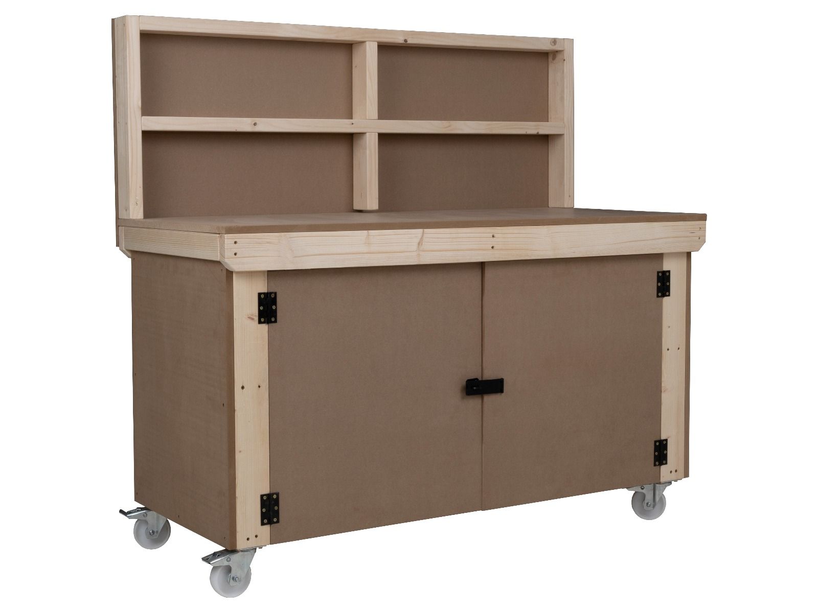 Wooden MDF Top Workbench With Lockable Cupboard (V.9) with back panel and wheels