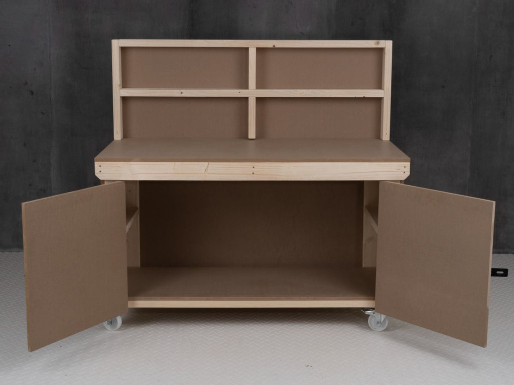Wooden MDF Top Workbench With Lockable Cupboard (V.9) with back panel and wheels