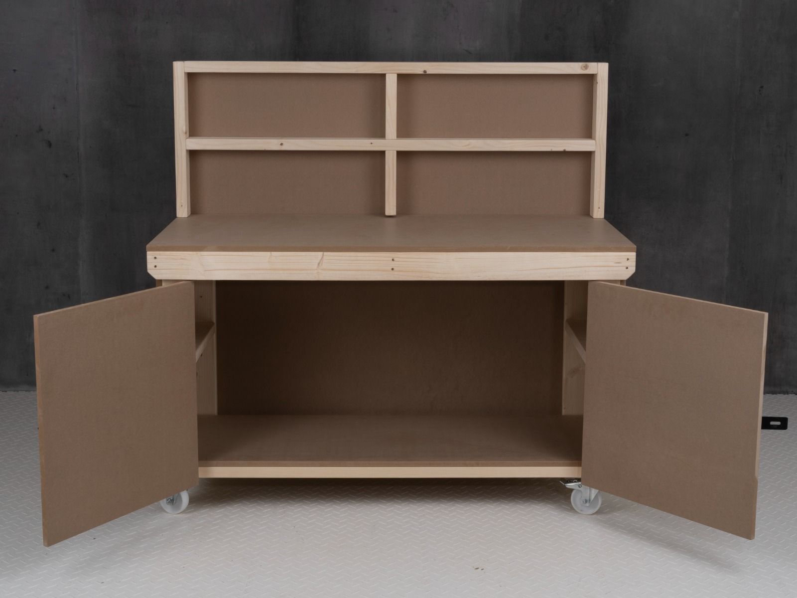 Wooden MDF Top Workbench With Lockable Cupboard (V.9) with back panel and wheels