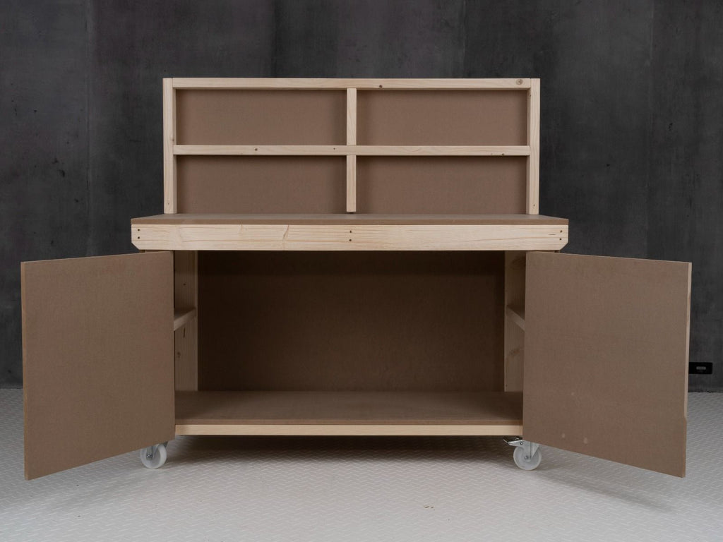 Wooden MDF Top Workbench With Lockable Cupboard (V.9) with back panel and wheels