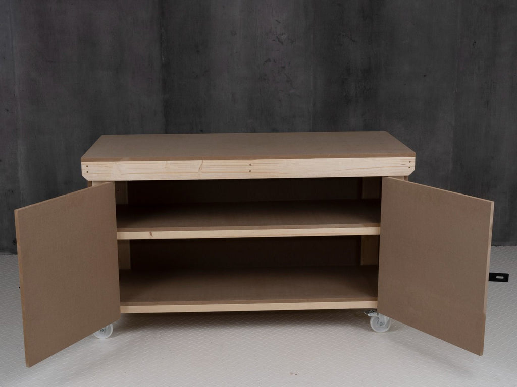 Wooden MDF Top Workbench With Lockable Cupboard (V.9) double shelf and wheels
