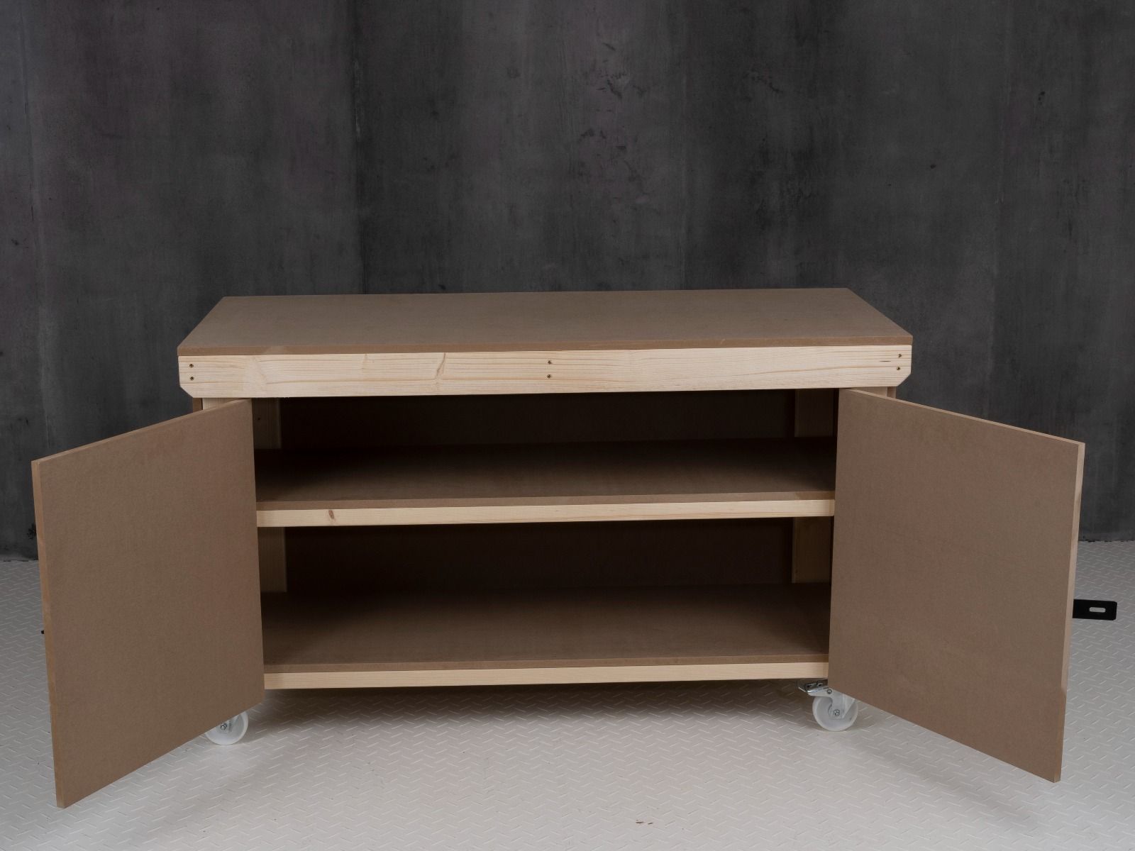 Wooden MDF Top Workbench With Lockable Cupboard (V.9) double shelf and wheels