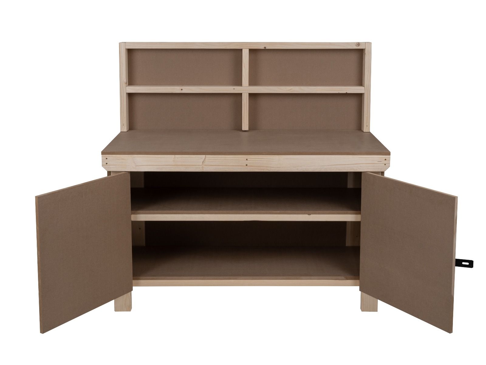 Wooden MDF Top Workbench With Lockable Cupboard (V.9) with back panel and double shelf
