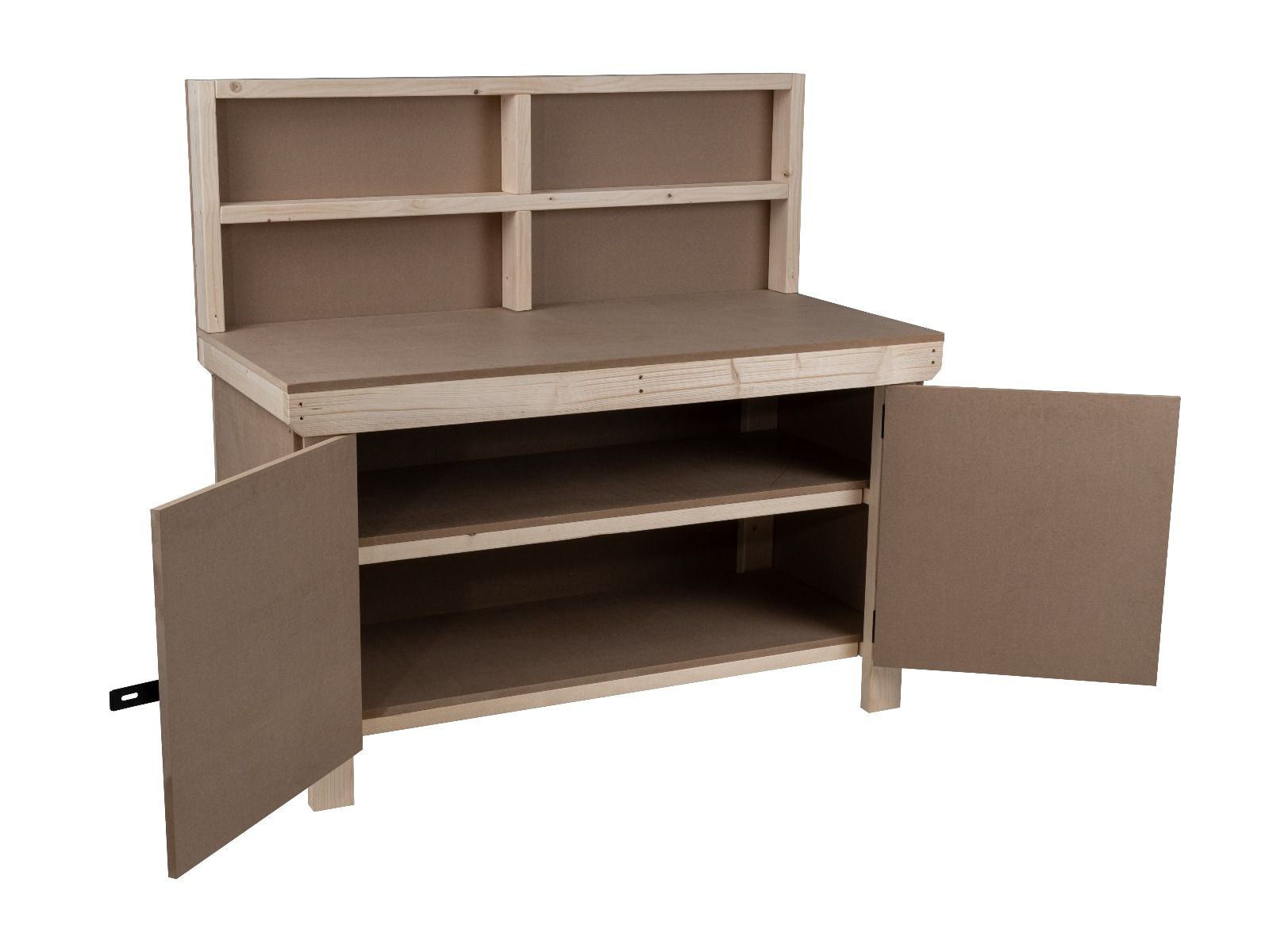 Wooden MDF Top Workbench With Lockable Cupboard (V.9) with back panel and double shelf