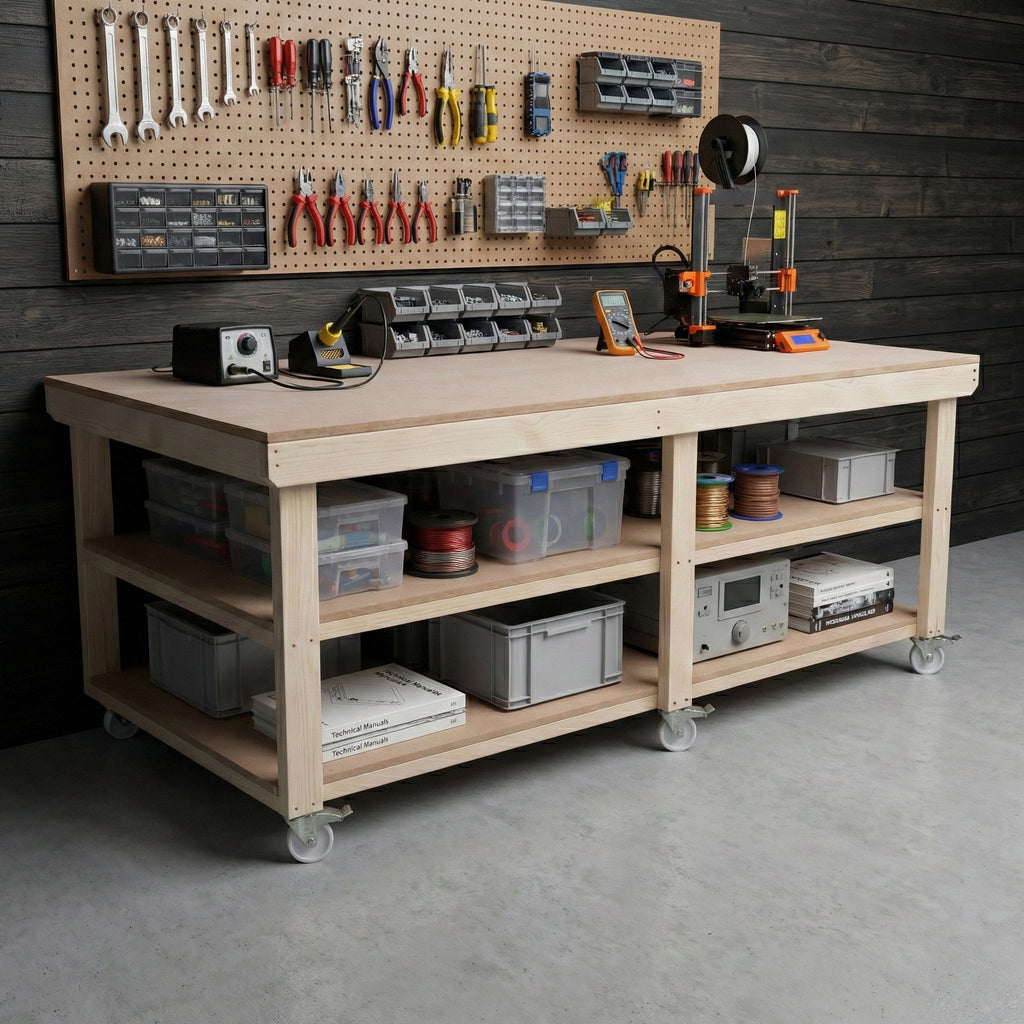 Wooden Workbench MDF Top Depth-4ft With Wheels and Double Shelf