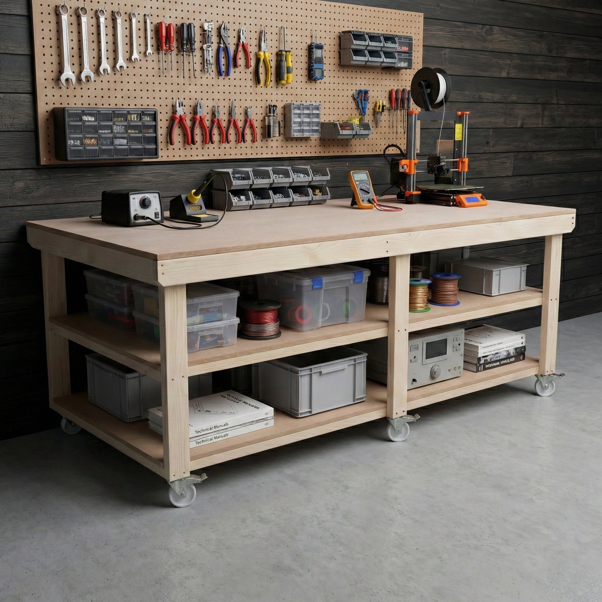 Wooden Workbench MDF Top Depth-4ft With Wheels and Double Shelf