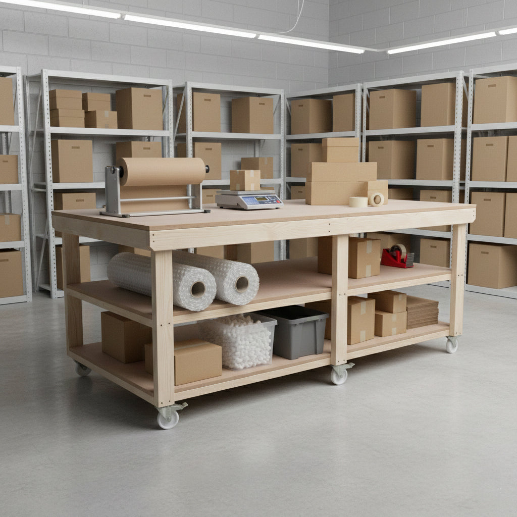 Wooden Workbench MDF Top Depth-4ft With Wheels and Double Shelf