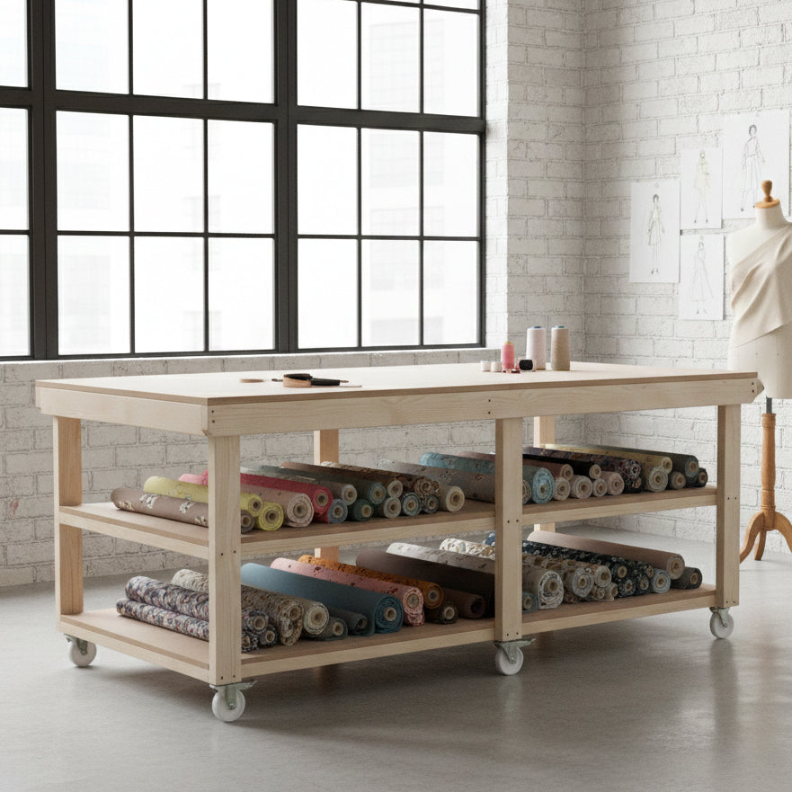 Wooden Workbench MDF Top Depth-4ft With Wheels and Double Shelf