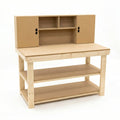 Wooden MDF top workbench with cupboard back panel and double shelf