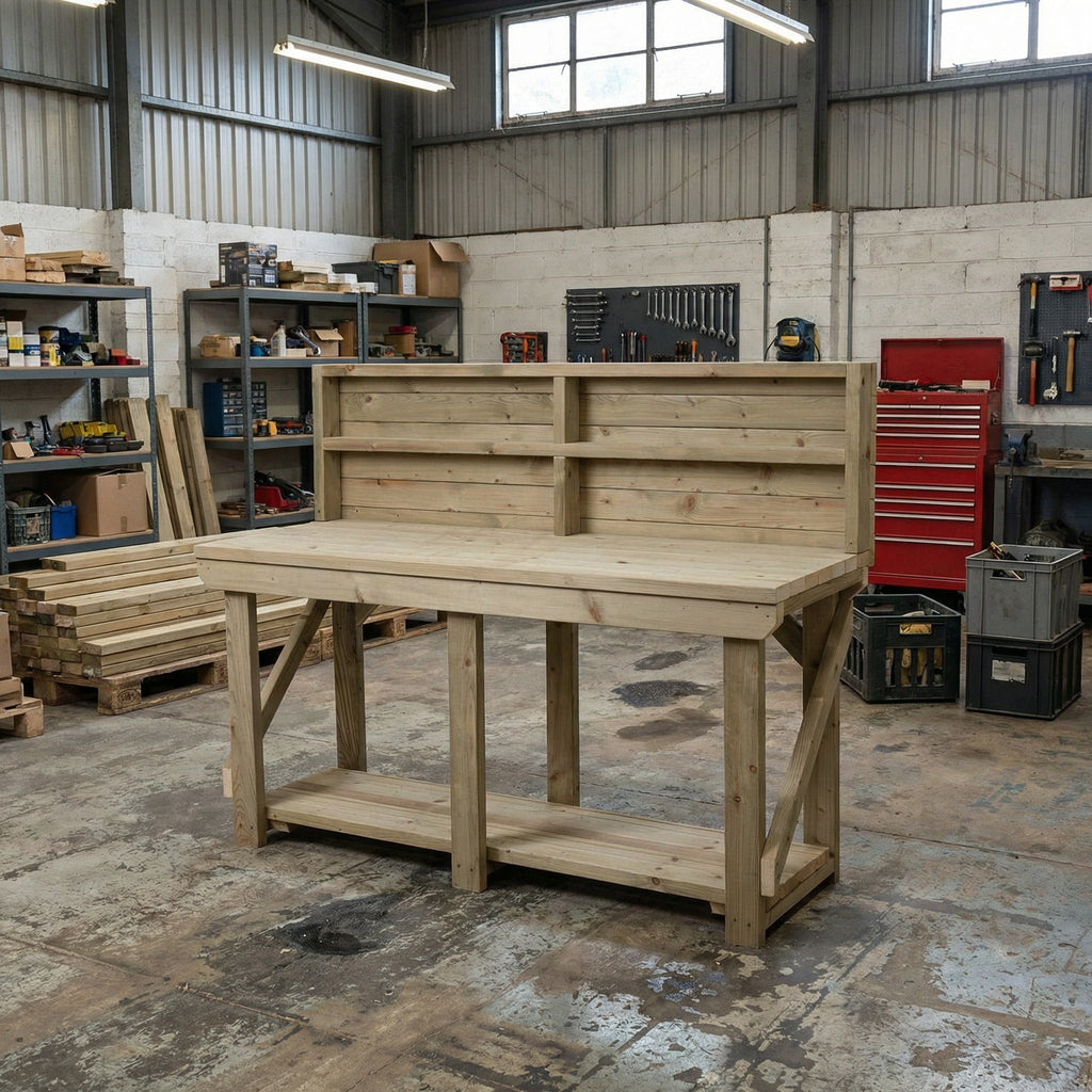 Indoor/outdoor workbench, pressure treated bench with back panel