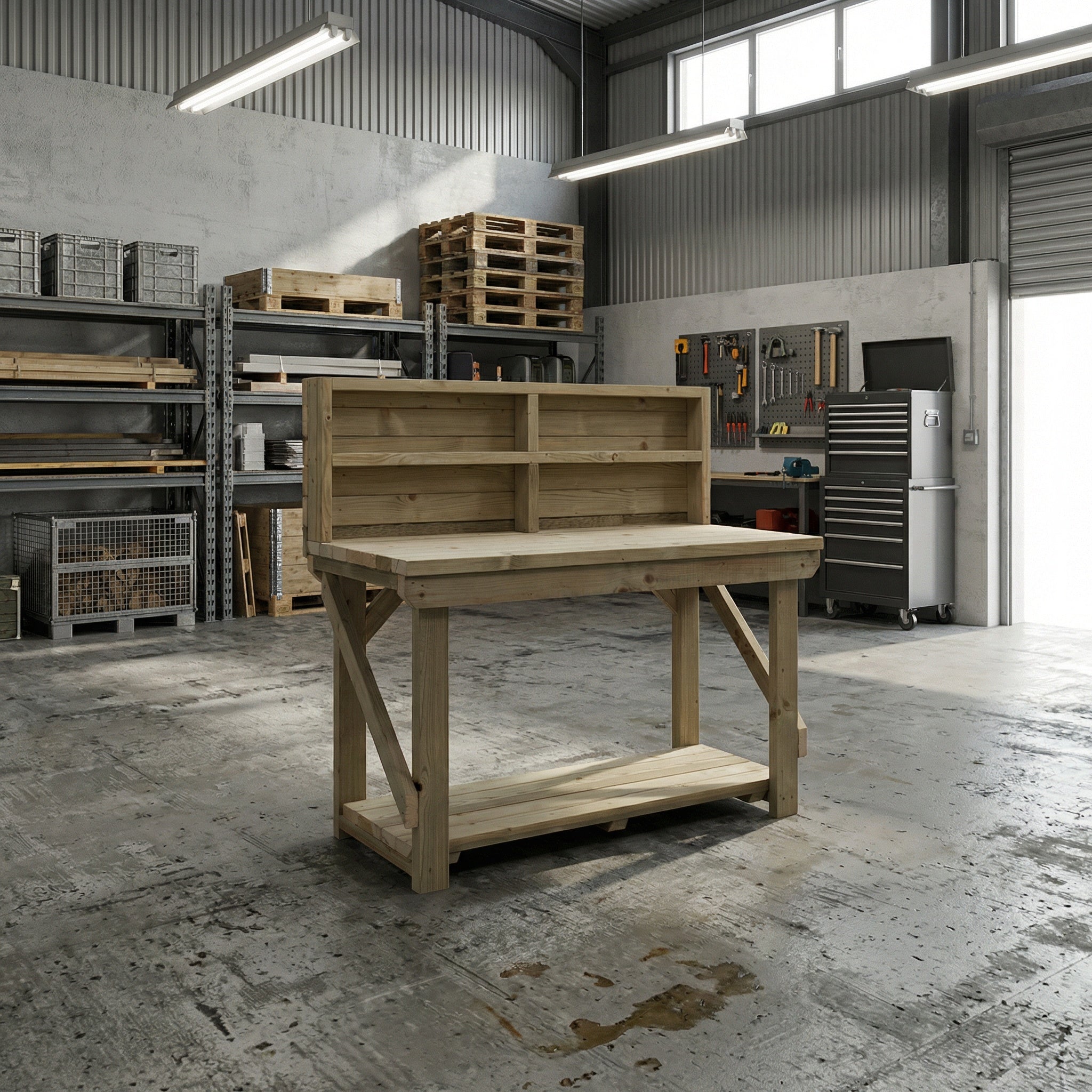 Indoor/outdoor workbench, pressure treated bench with back panel