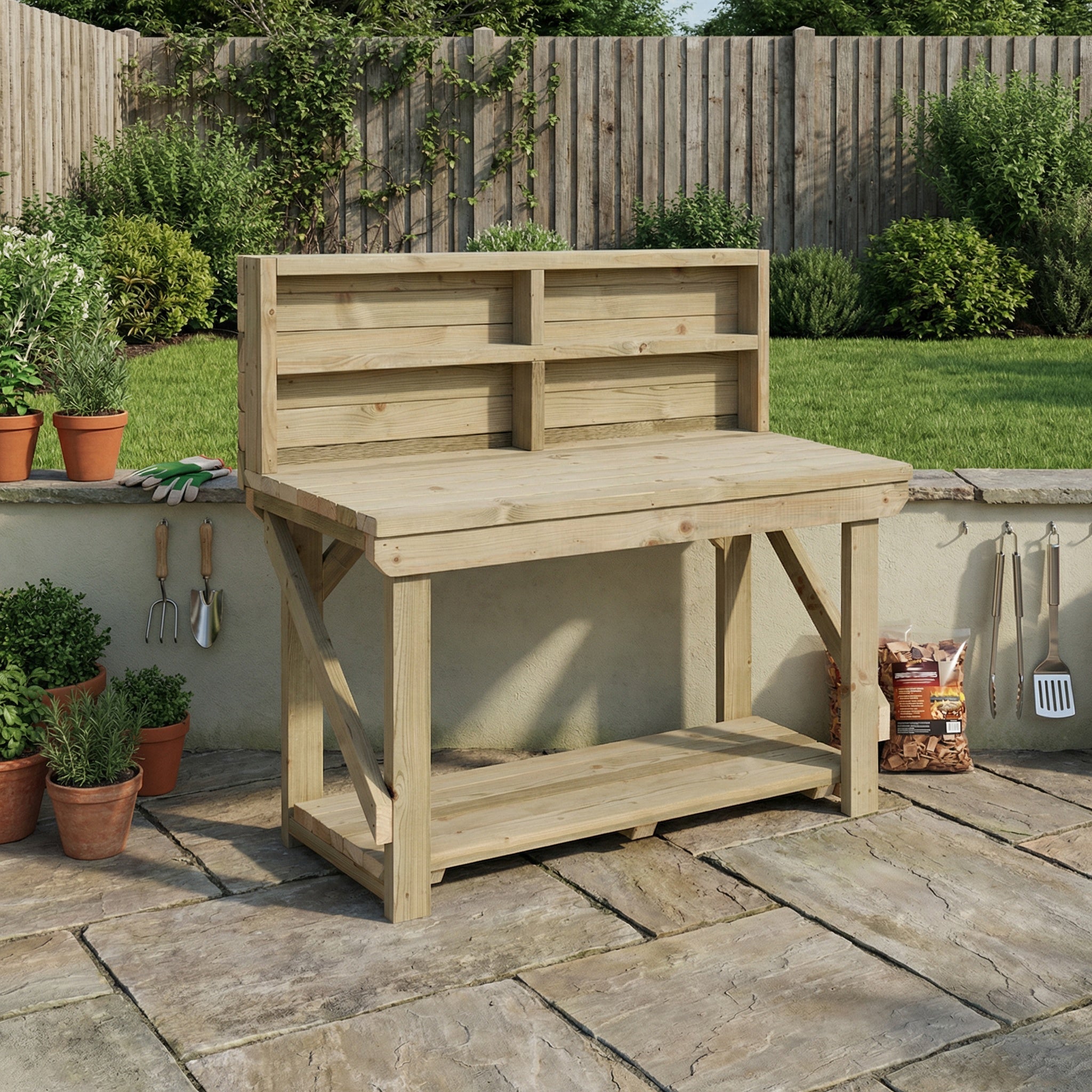 Indoor/outdoor workbench, pressure treated bench with back panel