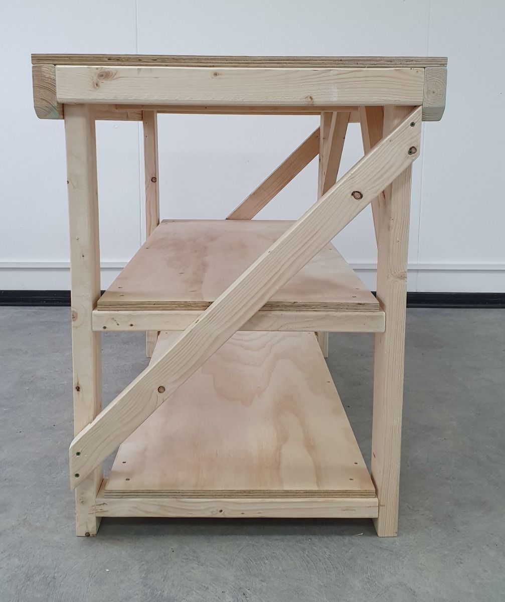 Wooden Workbench Superior Strength 18mm Plywood Top With Double Shelf