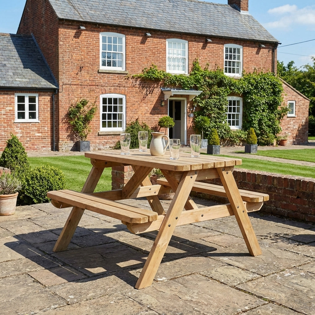 Classic Rounded Pub Style Picnic Bench and Table - Rustic Finish