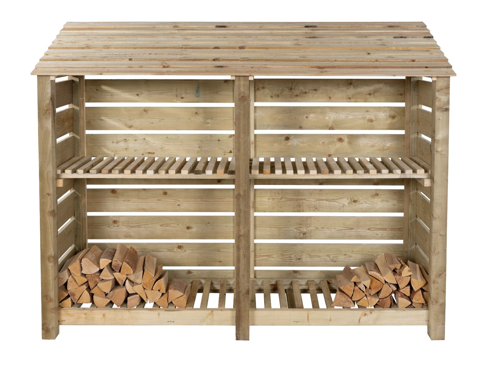 Slatted Wooden Log Store with Shelf W-227cm, H-126cm or 180cm, D-88cm