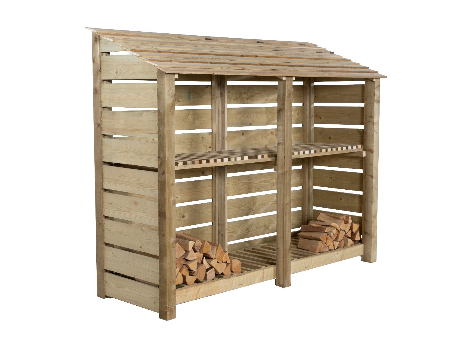 Slatted Wooden Log Store with Shelf W-227cm, H-126cm or 180cm, D-88cm
