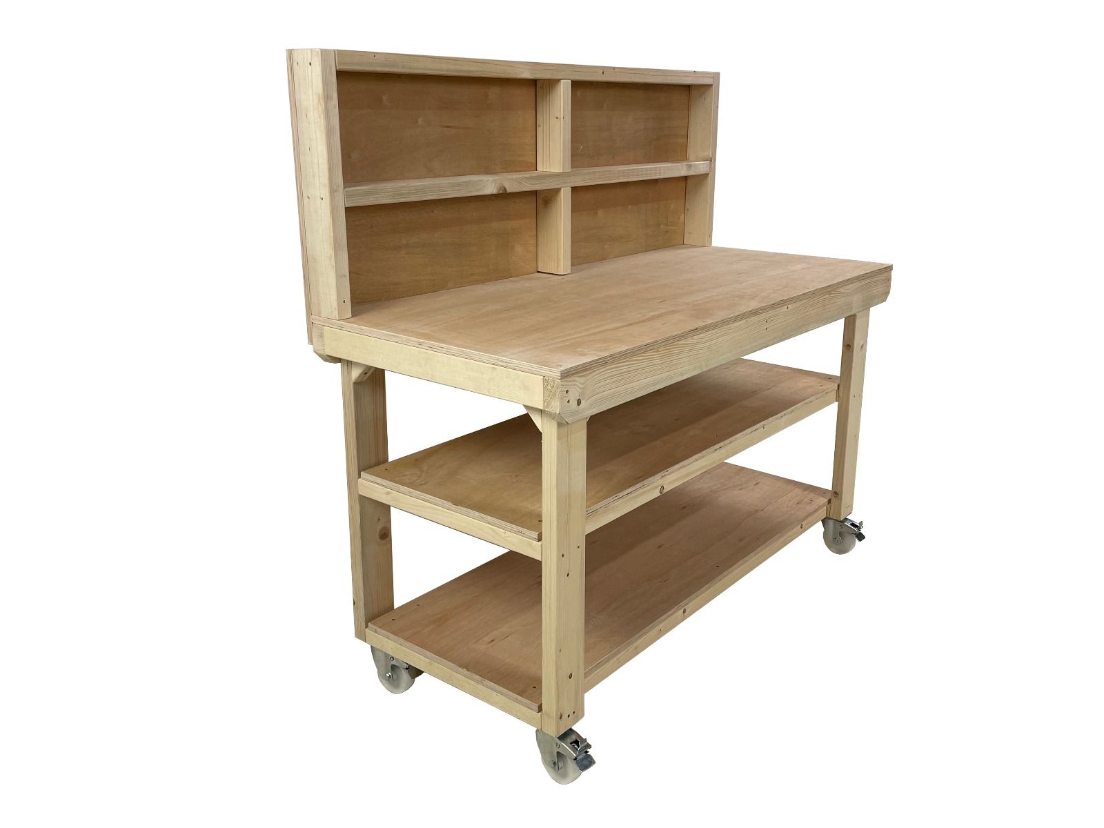 Wooden Workbench 18mm Eucalyptus Hardwood Top With Back Panel, Double Shelf And Wheels