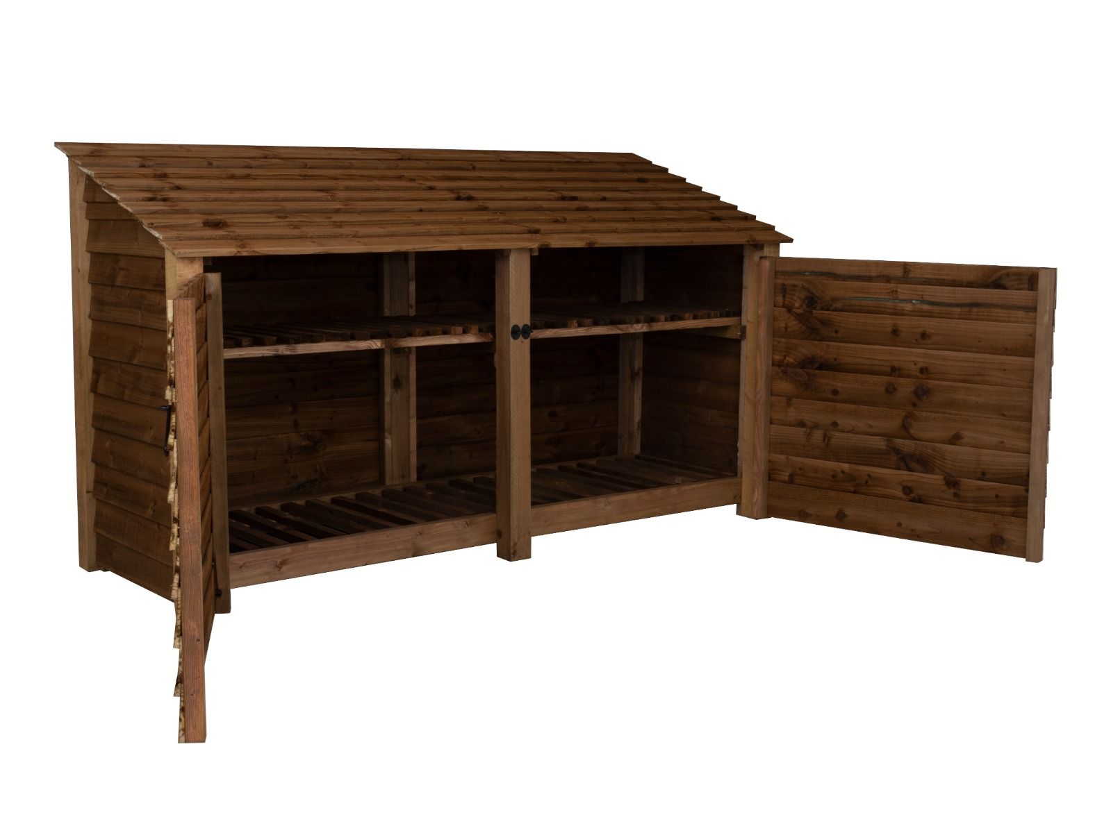 Wooden Log Store with Doors and Shelf W-227cm, H-126cm or 180cm, D-88cm - Brown Finish